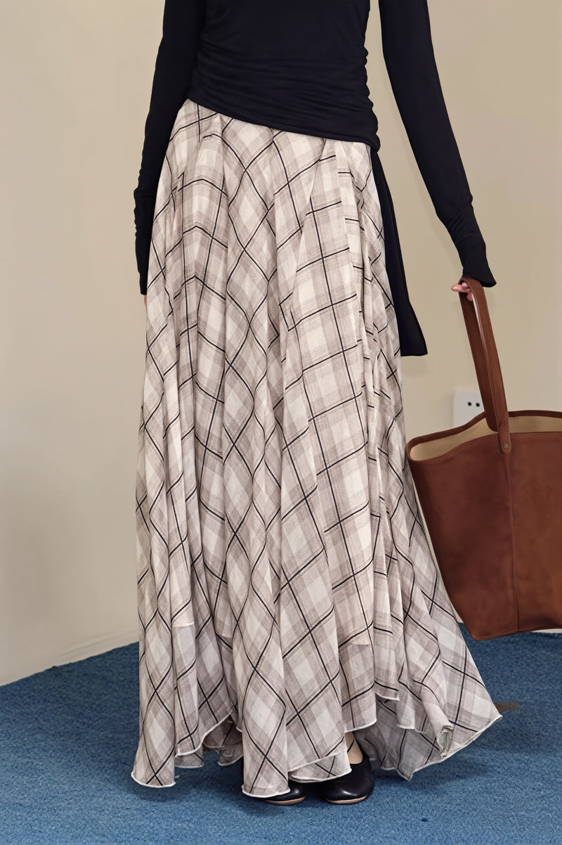 Gentle Style Draped Slim Plaid Maxi Skirt