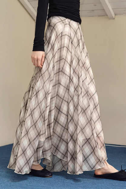 Gentle Style Draped Slim Plaid Maxi Skirt