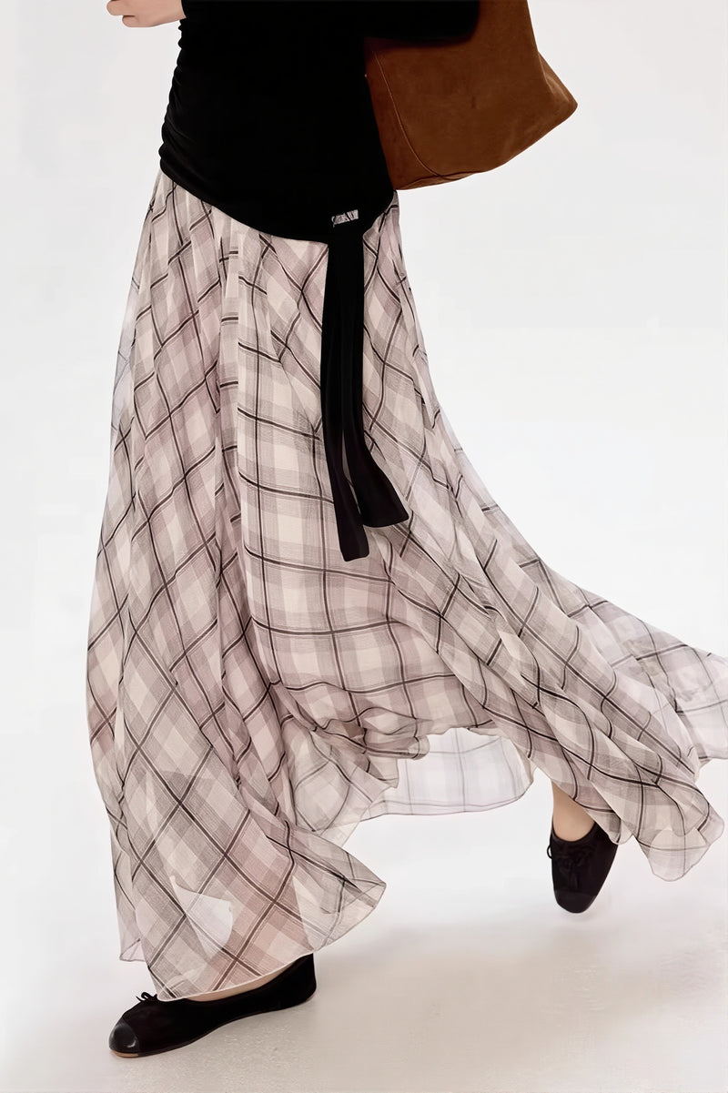 Gentle Style Draped Slim Plaid Maxi Skirt