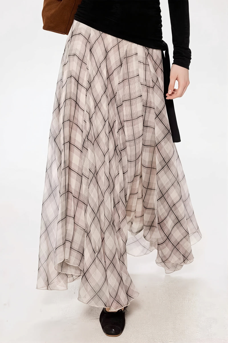 Gentle Style Draped Slim Plaid Maxi Skirt