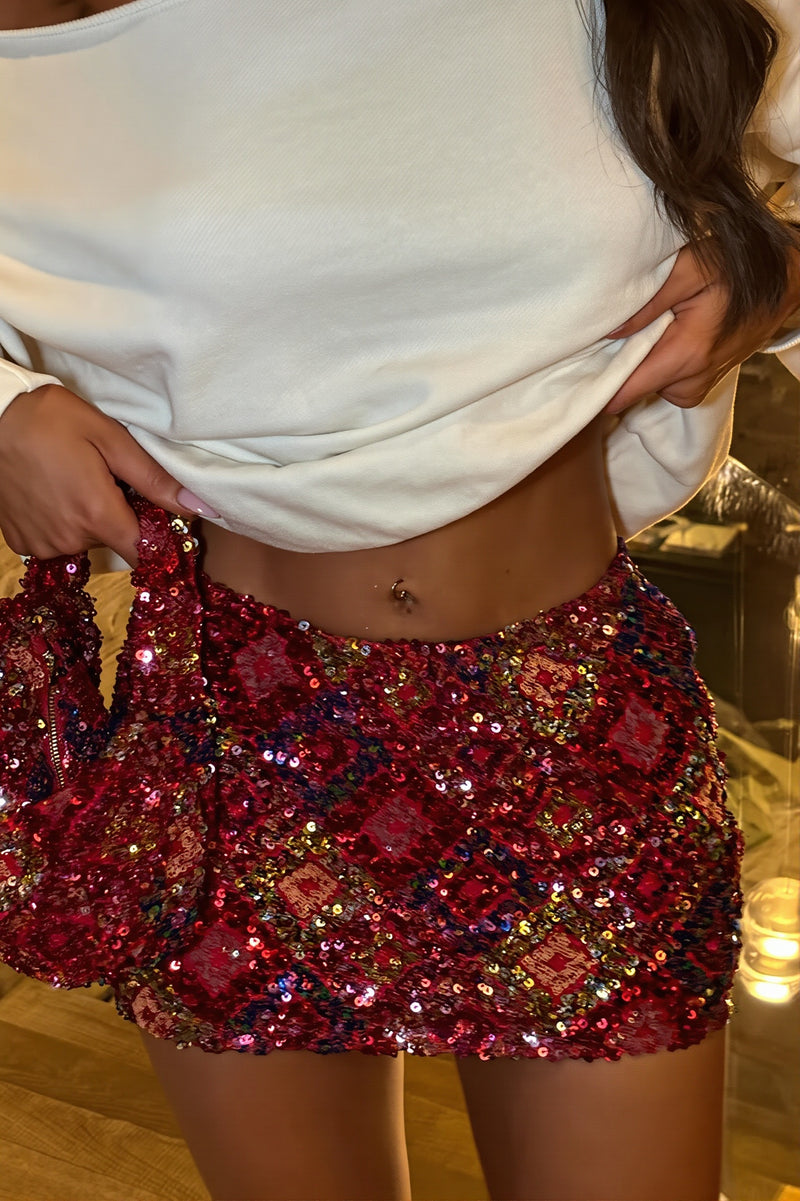 Geometric Splice Sequin Mini Skirt