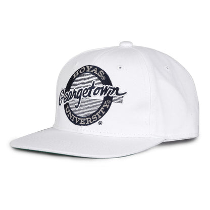Georgetown Retro Circle snapback hat in white, angled view