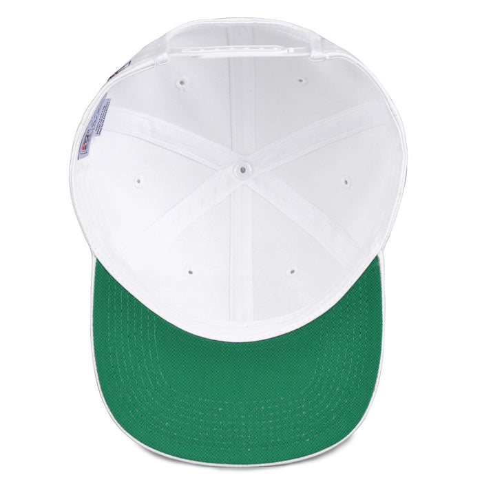 Georgetown Retro Circle snapback hat in white, interior view showing the green undervisor