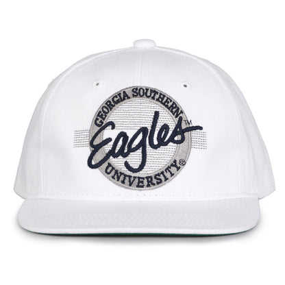 Georgia Southern Retro Circle snapback hat in white, front view