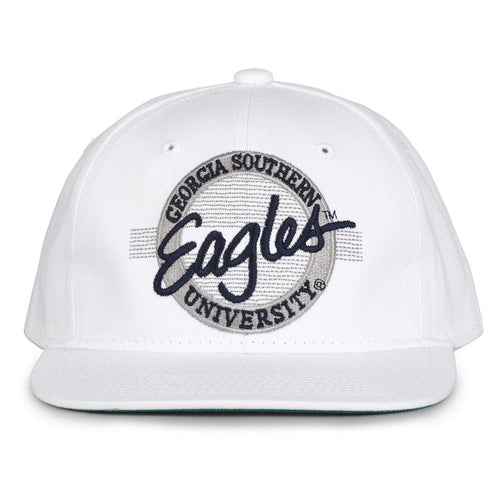 Georgia Southern Retro Circle snapback hat in white, front view