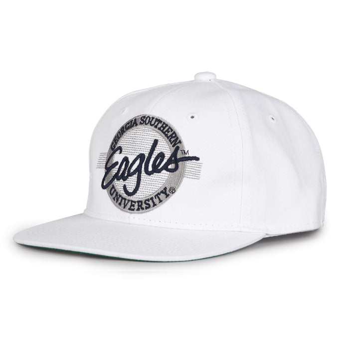 Georgia Southern Retro Circle snapback hat in white, angled view