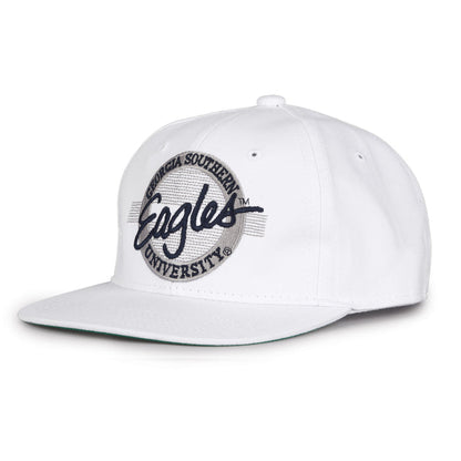 Georgia Southern Retro Circle snapback hat in white, angled view