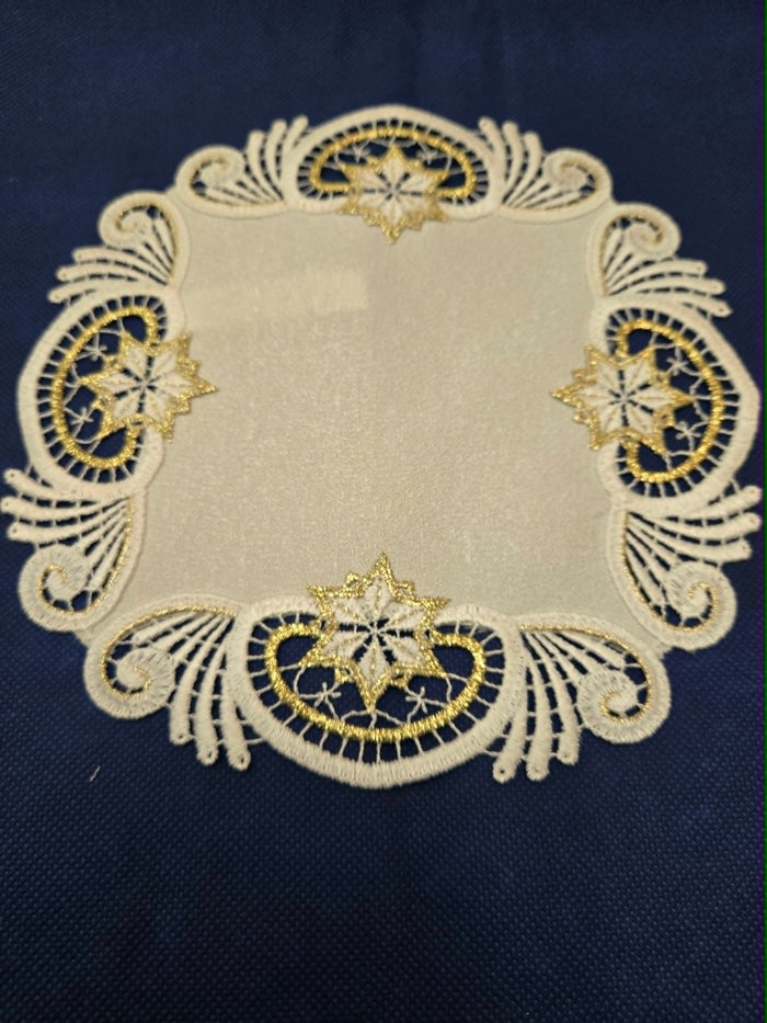 German Round Doily 14 Inches Gold Stars on Lace