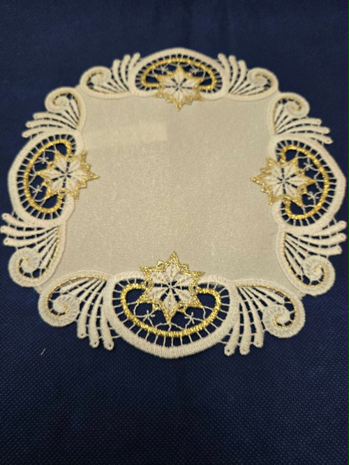 German Round Doily 14 Inches Gold Stars on Lace
