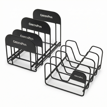 Set of two black metal organizers with divided slots for storing pots and lids.