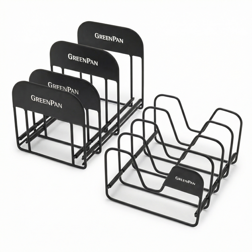 Set of two black metal organizers with divided slots for storing pots and lids.