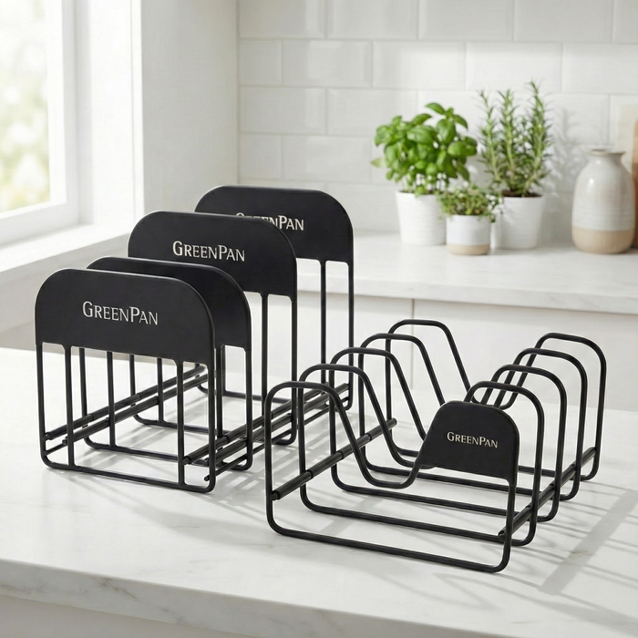 Two black metal organizers on a white kitchen counter, shown with herbs and ceramic vases nearby.