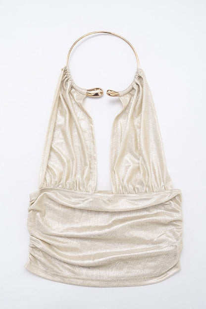 Glossy Metal Ring Backless Halter Top