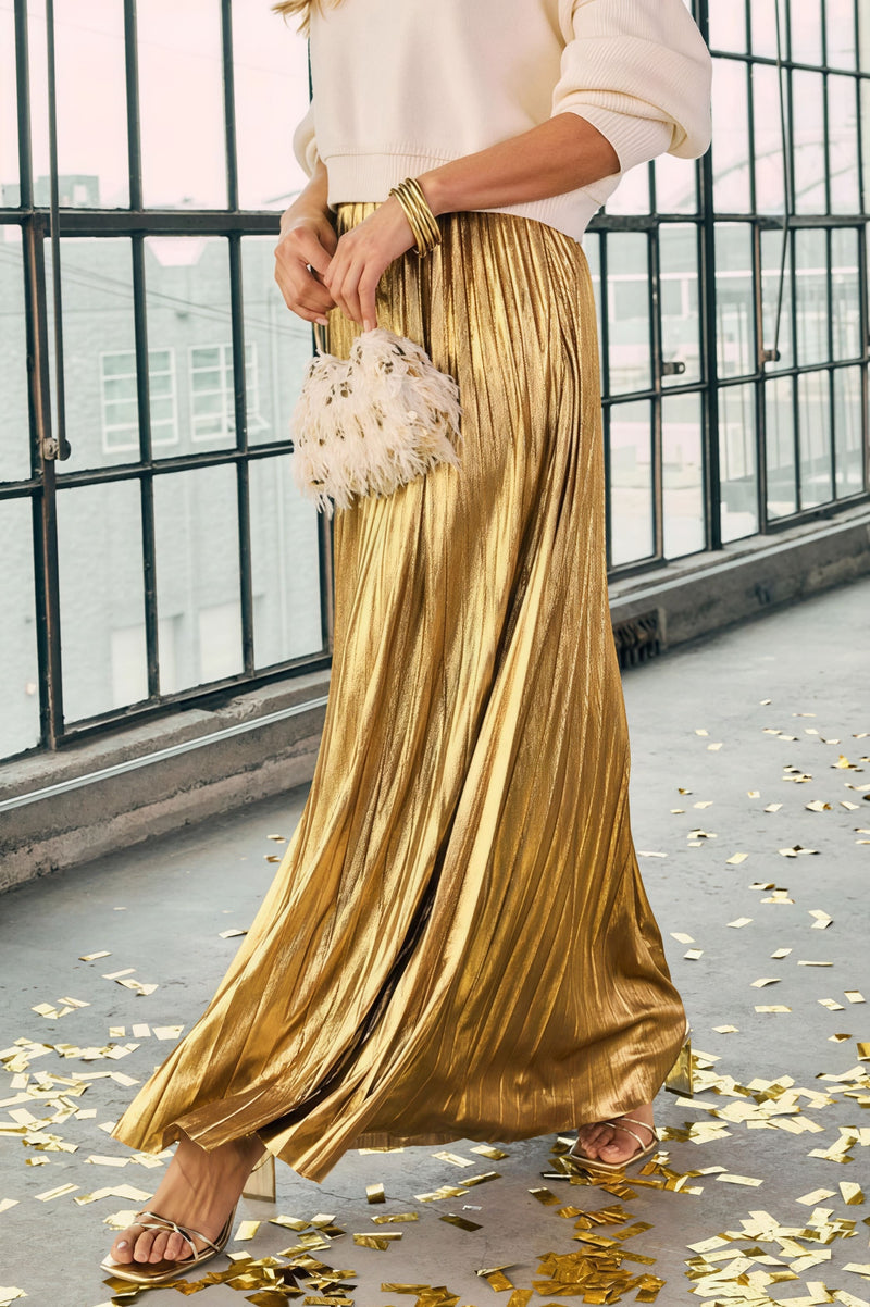 Gold Silver Pleated High Waist Skirt