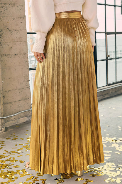 Gold Silver Pleated High Waist Skirt
