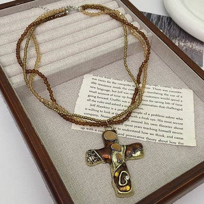 Gothic Cross Multi Layer Beaded NeckLace