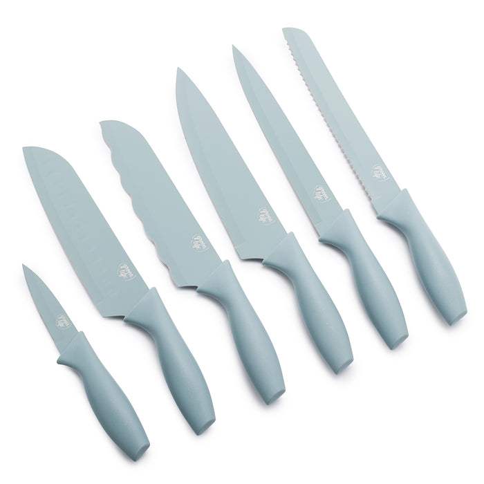 Six-piece blue cutlery set arranged in a row on a white background.