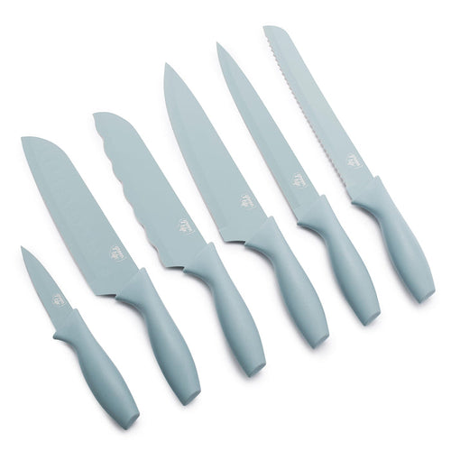 Six-piece blue cutlery set arranged in a row on a white background.