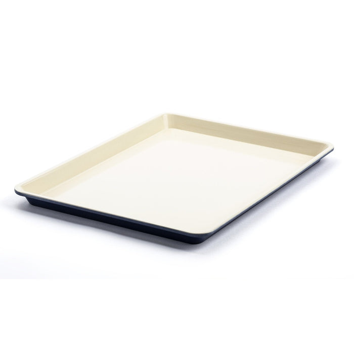 Navy ceramic cookie sheet, 18 x 13 inches, shown on a white background.