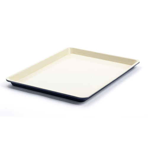Navy ceramic cookie sheet, 18 x 13 inches, shown on a white background.