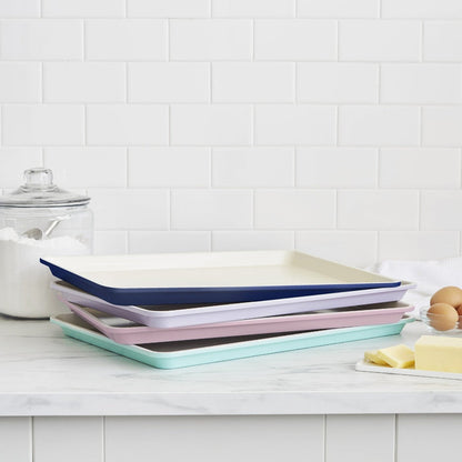 Navy blue ceramic cookie sheet, 18 x 13 inches, shown on a white background.