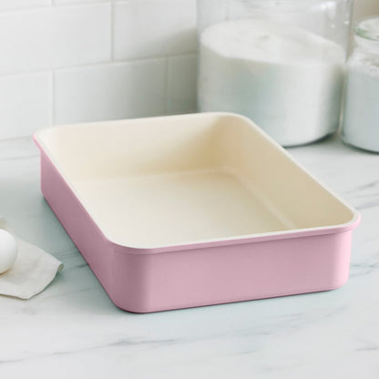 Pink cake pan on a kitchen counter