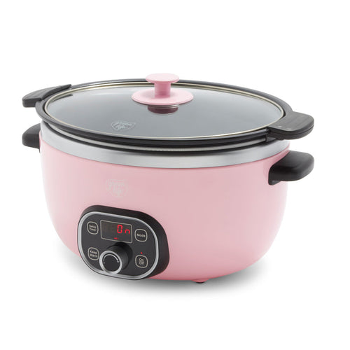 Pink slow cooker with digital control panel on a white background