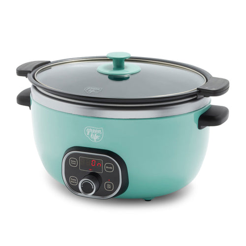 Turquoise slow cooker with black handle and control panel on a white background