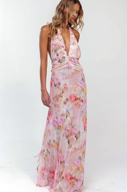 Halter Backless Printed Slim Maxi Dress