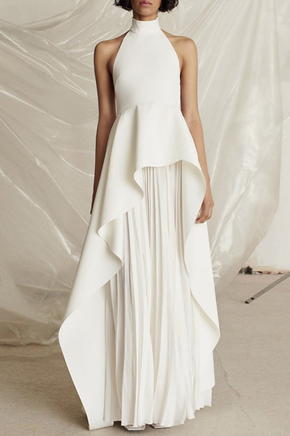 Halter Black White Contrast Pleated Prom Dress