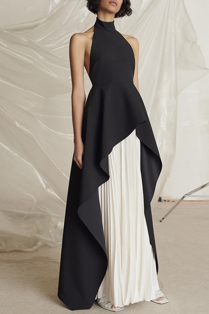 Halter Black White Contrast Pleated Prom Dress