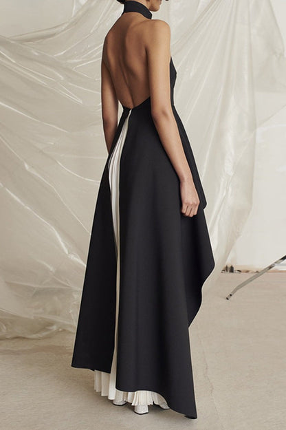 Halter Black White Contrast Pleated Prom Dress