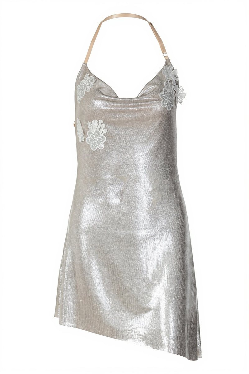 Halter Cowl Cutout Back Gold Print Mini Dress