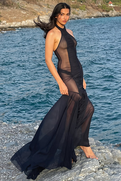 Halter Cutout Back Mesh Sheer Slim Maxi Dress