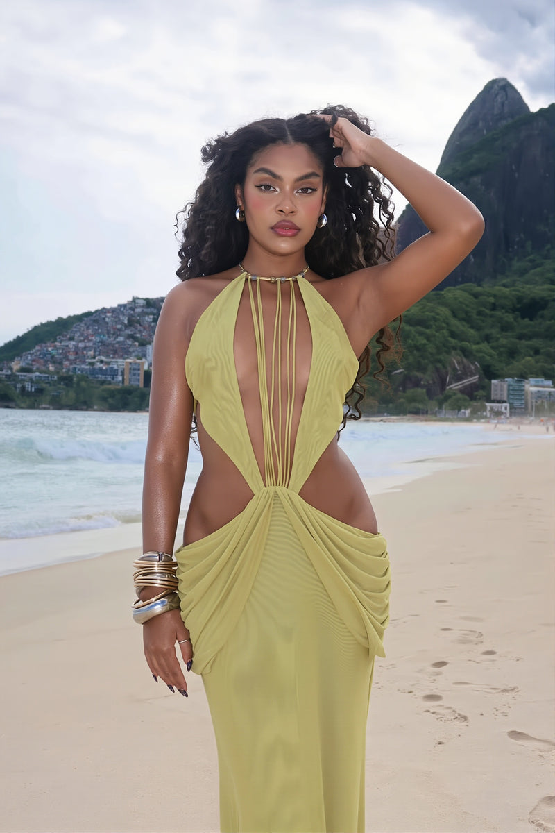 Halter Cutout Beaded Ruffle Maxi Dress
