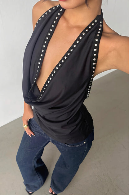 Halter Deep V Backless Rivet Fitted Tank Top