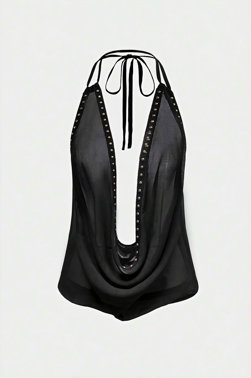 Halter Deep V Backless Rivet Fitted Tank Top
