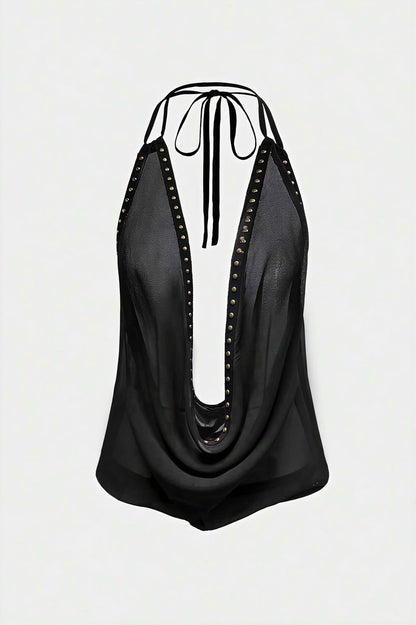 Halter Deep V Backless Rivet Fitted Tank Top