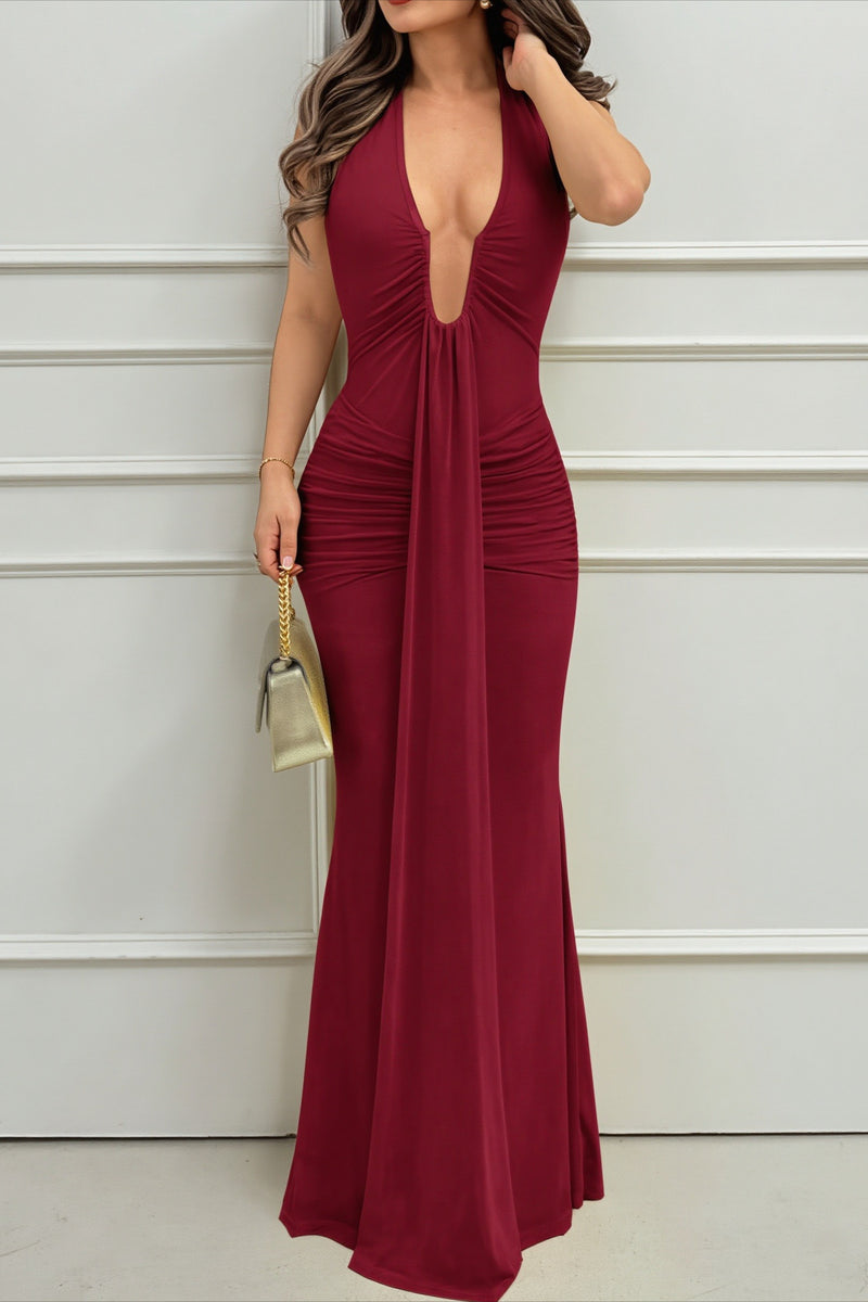 Halter Deep V Backless Ruched Hot Girl Maxi Dress