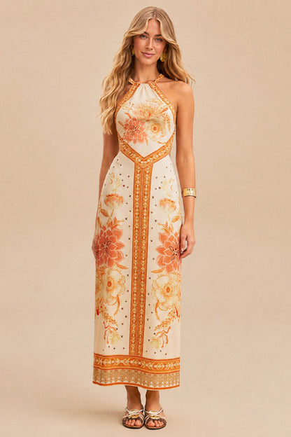 Halter Hollow Floral Maxi Boho Dress