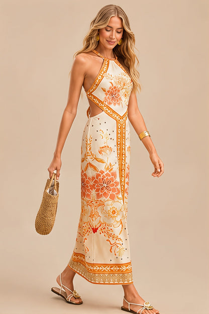 Halter Hollow Floral Maxi Boho Dress