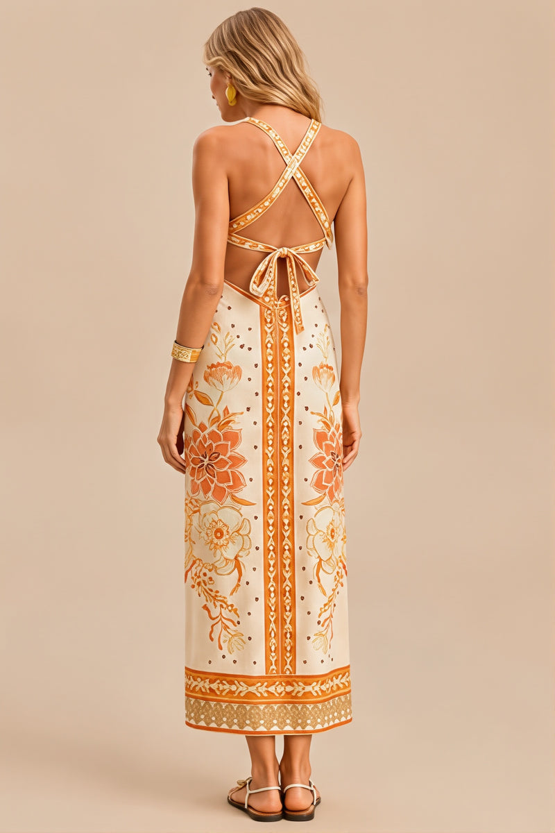 Halter Hollow Floral Maxi Boho Dress