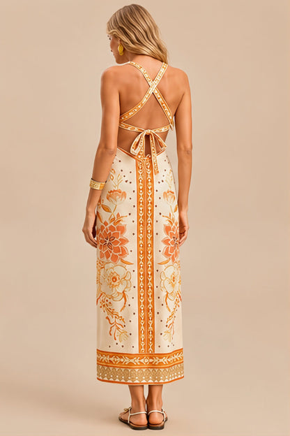 Halter Hollow Floral Maxi Boho Dress