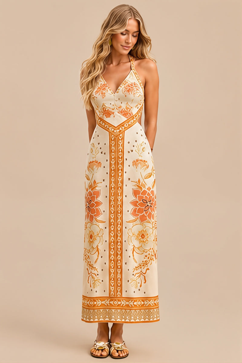 Halter Hollow Floral Maxi Boho Dress