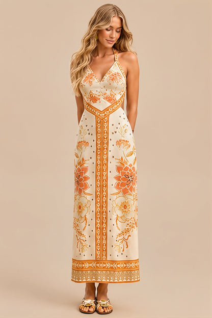 Halter Hollow Floral Maxi Boho Dress
