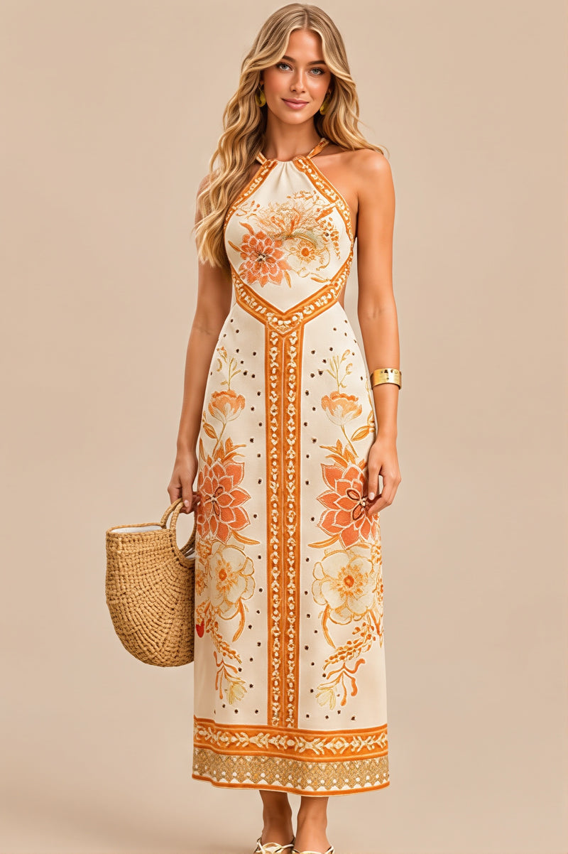 Halter Hollow Floral Maxi Boho Dress