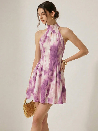Halter Neck A Line Flowy Sleeveless Mini Dress