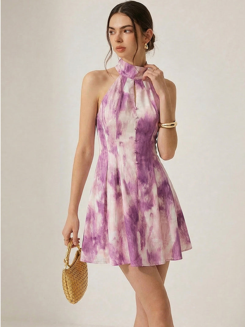 Halter Neck A Line Flowy Sleeveless Mini Dress