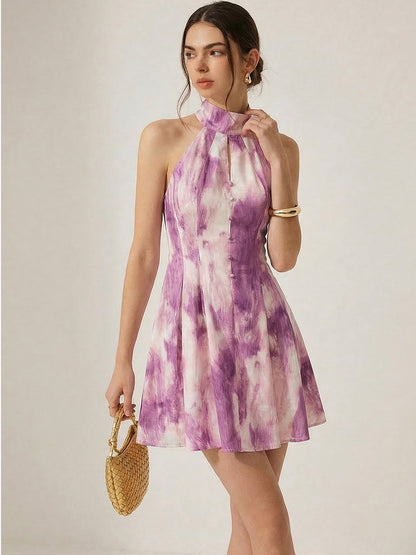 Halter Neck A Line Flowy Sleeveless Mini Dress