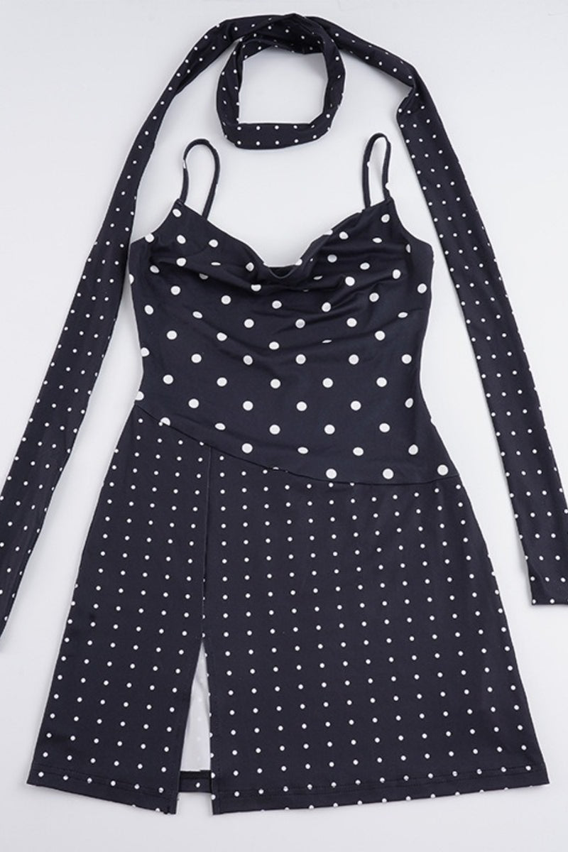 Halter Polka Dot Asymmetric Slit Mini Dress